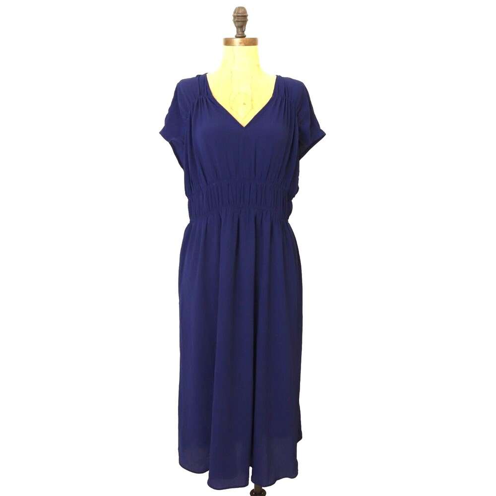 London Times Midi Dress Size 8 Cap Sleeve Ruched Details Crepe Blue NEW B59